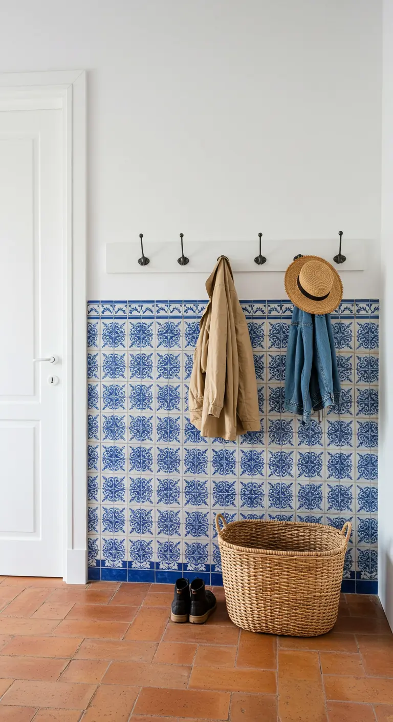 Pared de entrada con un zócalo de azulejos azules y blancos y un perchero para abrigos.