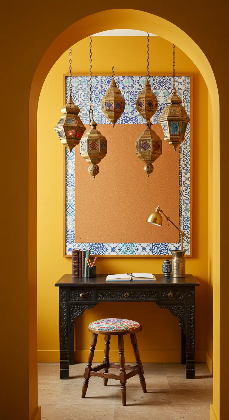 Rincón de trabajo en un nicho amarillo con escritorio tallado y farolillos marroquíes.
