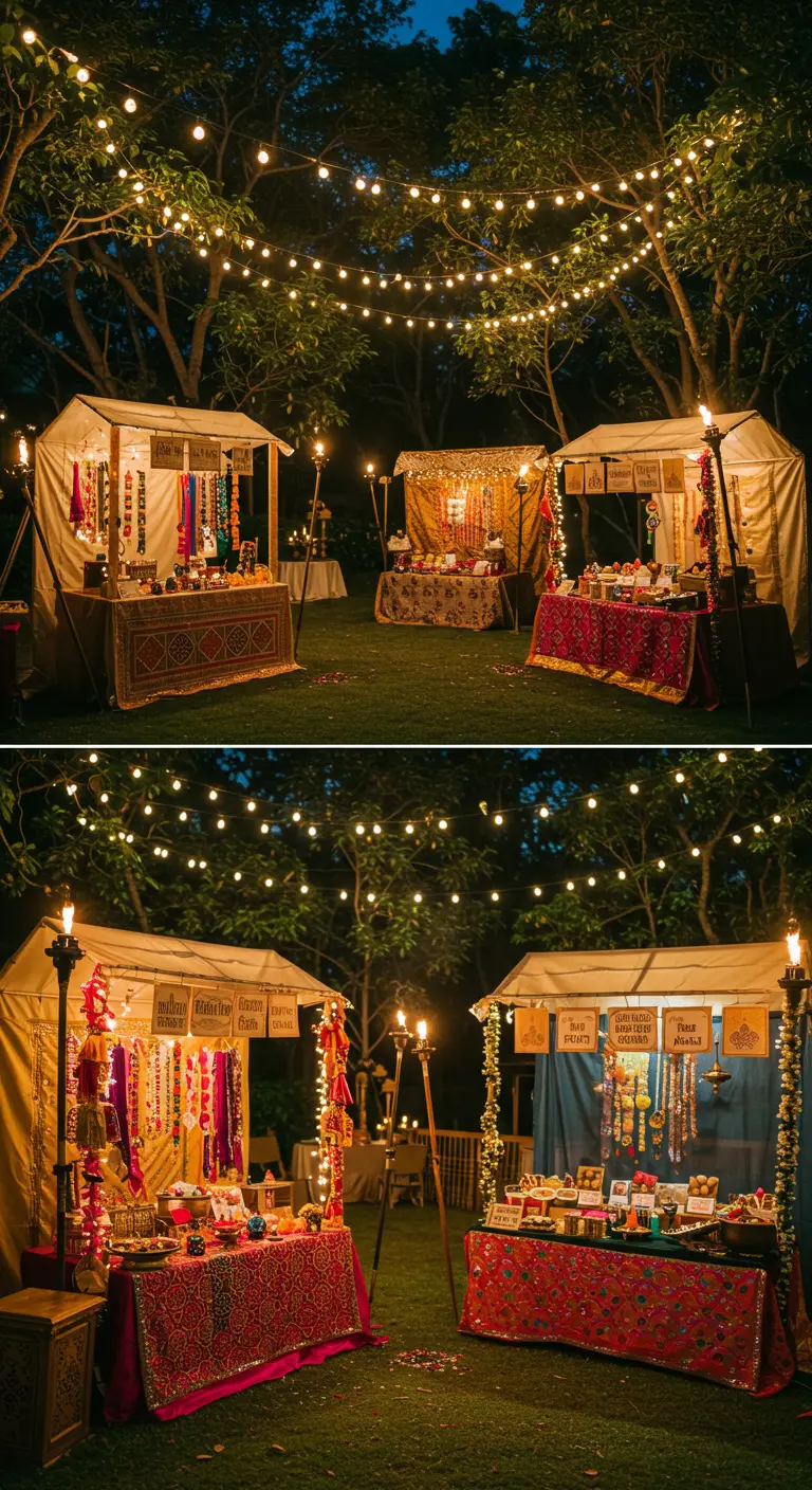 Mercado nocturno en un jardín con puestos de lona iluminados por guirnaldas de luces y antorchas.