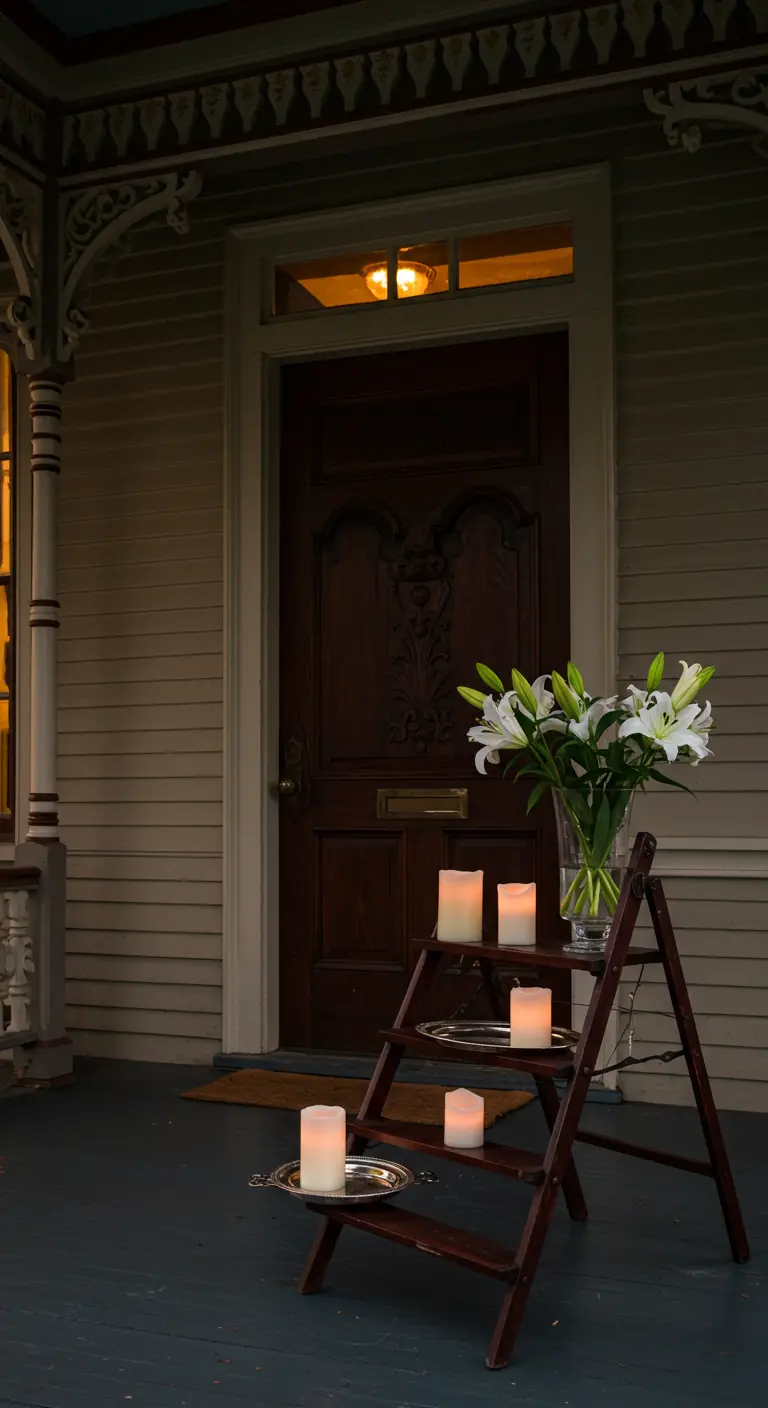 Escalera de madera oscura decorada con velas blancas sobre bandejas de plata y un jarrón de lirios.