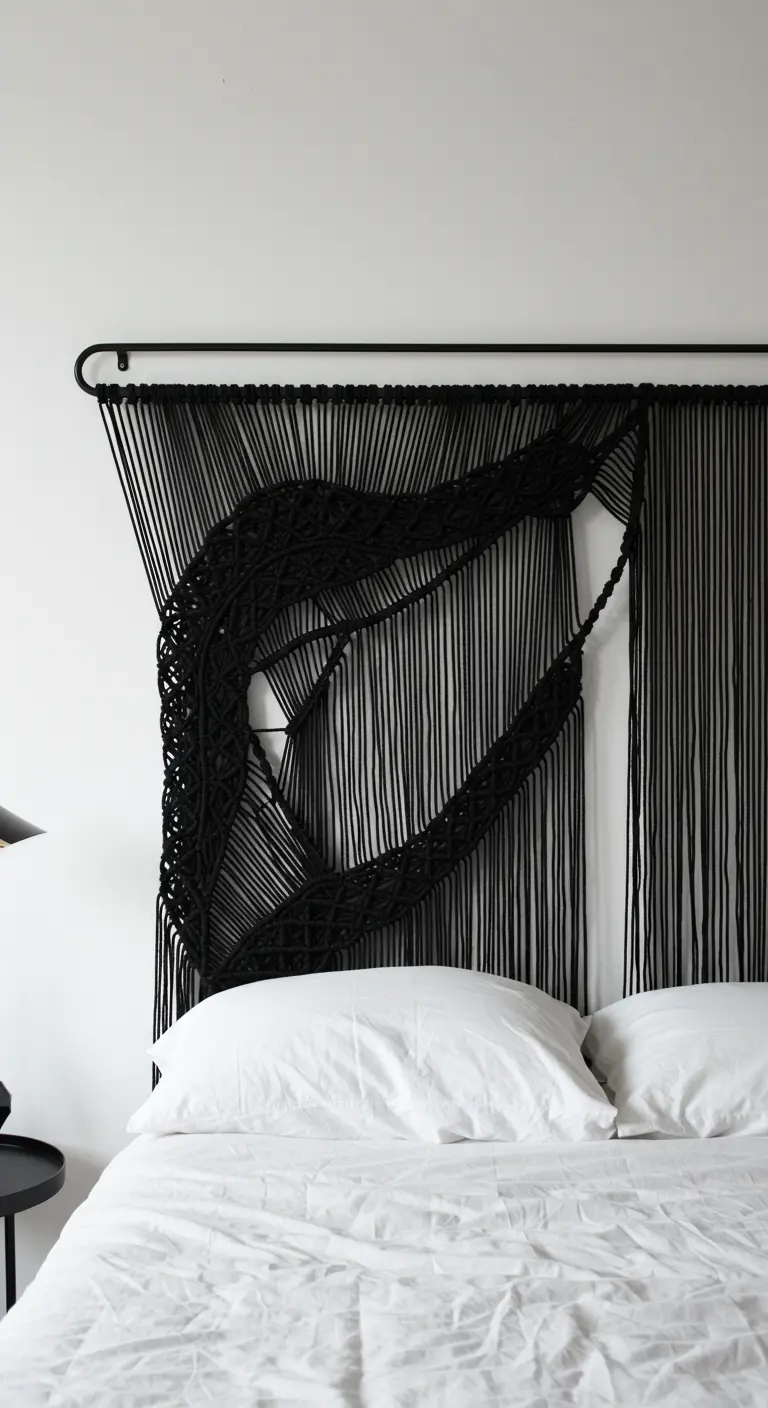 Cabecera de macramé negro con un diseño abstracto y fluido sobre una pared blanca.