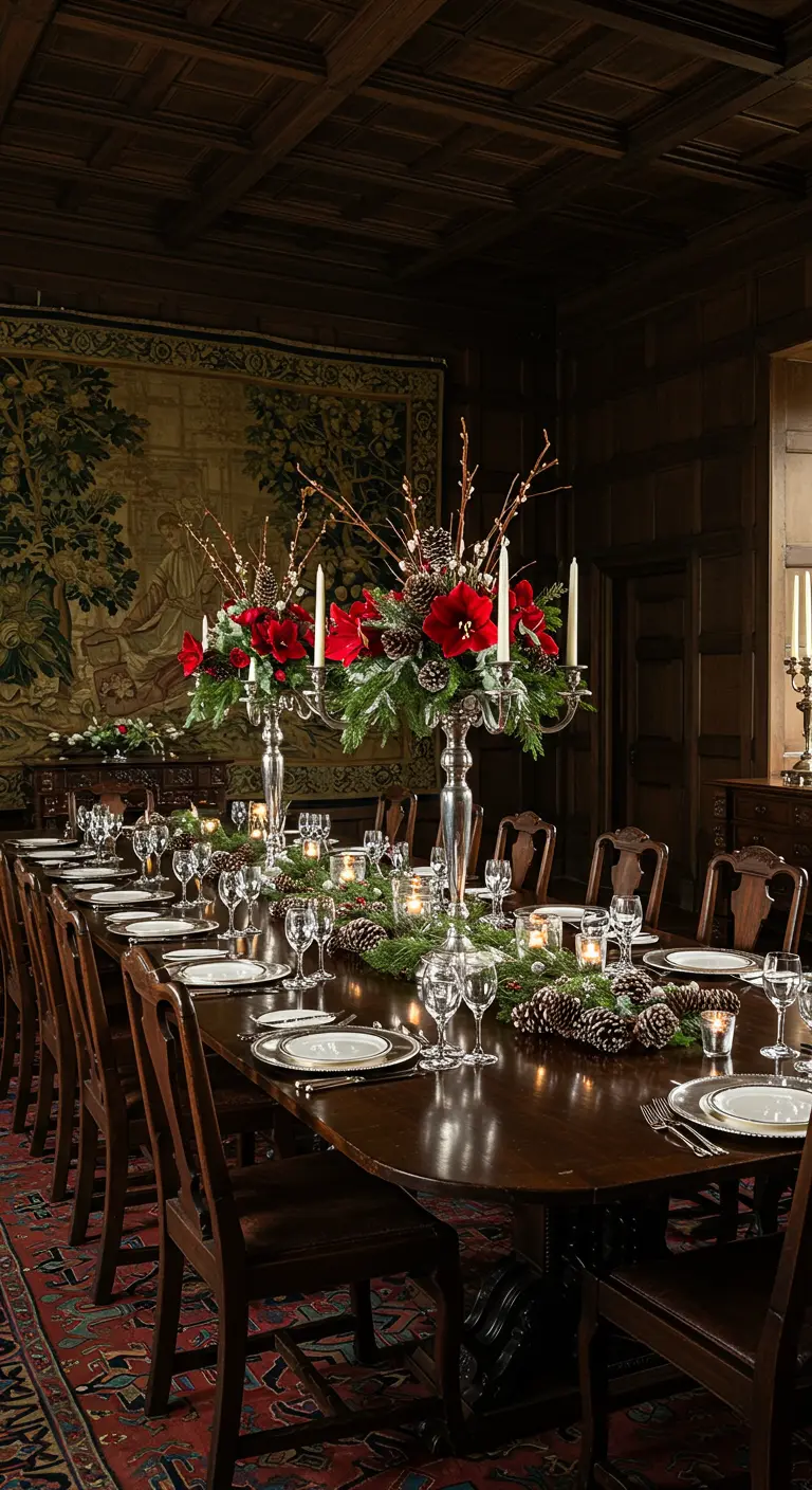 Comedor señorial con mesa larga de madera, candelabros plateados y flores rojas.