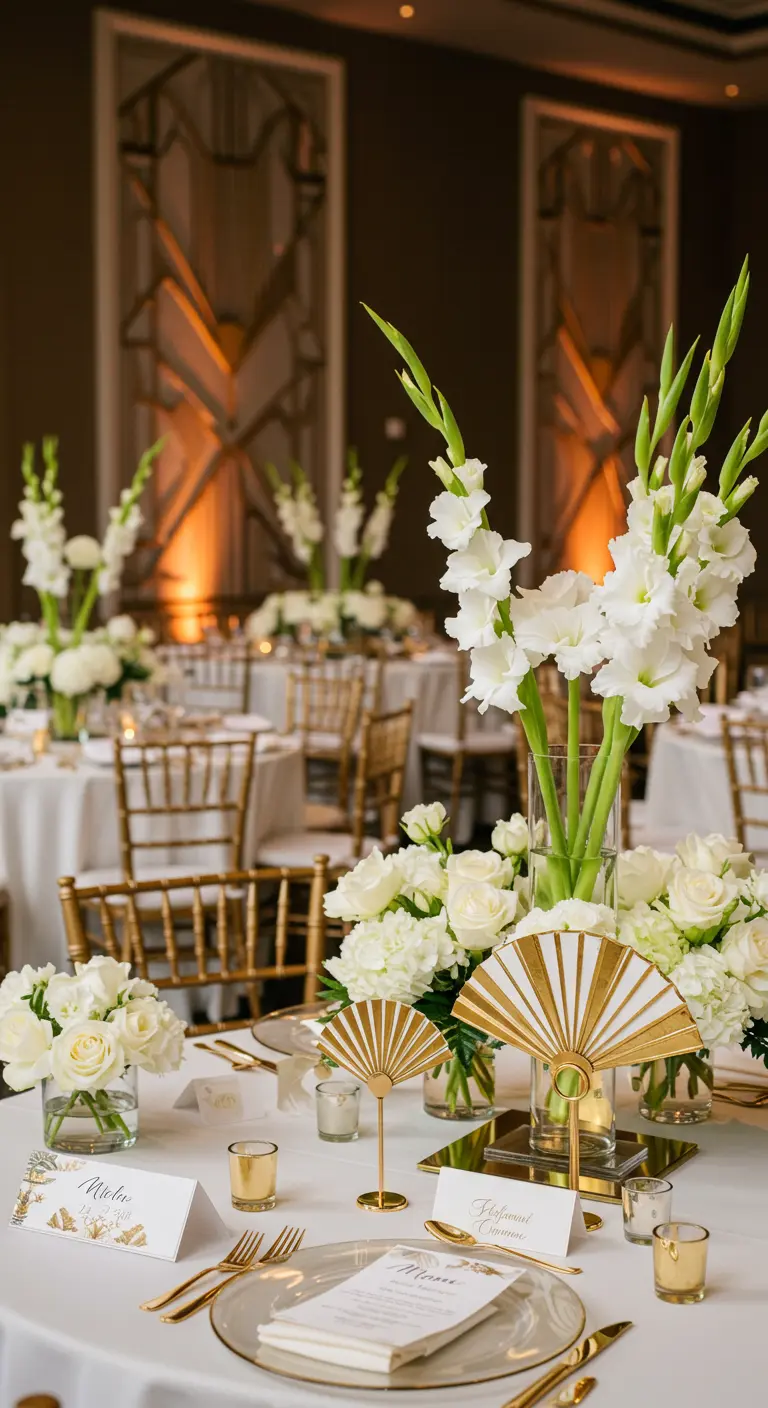 Centro de mesa con flores blancas, abanicos dorados de estilo art déco y cubertería dorada.