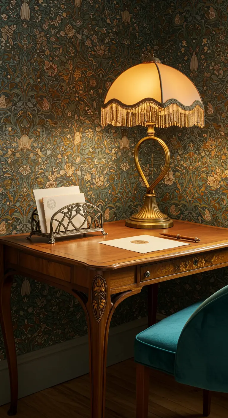 Escritorio de madera oscura con una lámpara Art Déco dorada y un papel pintado floral de estilo vintage.