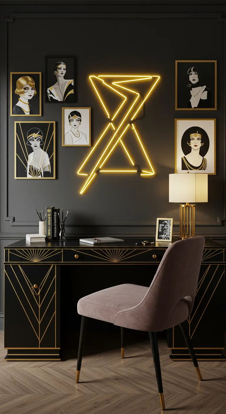 Oficina elegante de estilo art déco con un neón geométrico amarillo y detalles dorados.