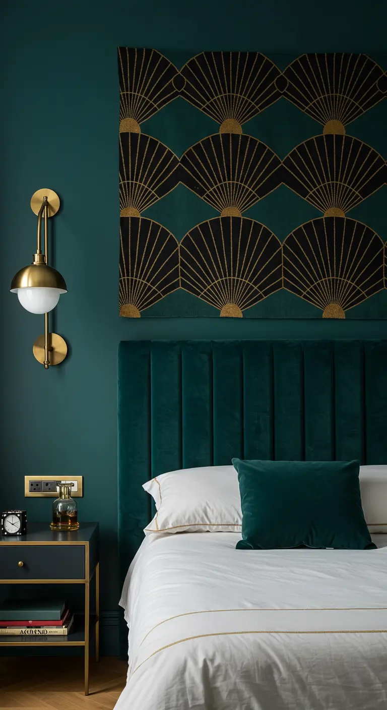 Dormitorio elegante con paredes verde esmeralda y un tapiz Art Decó de abanicos dorados.