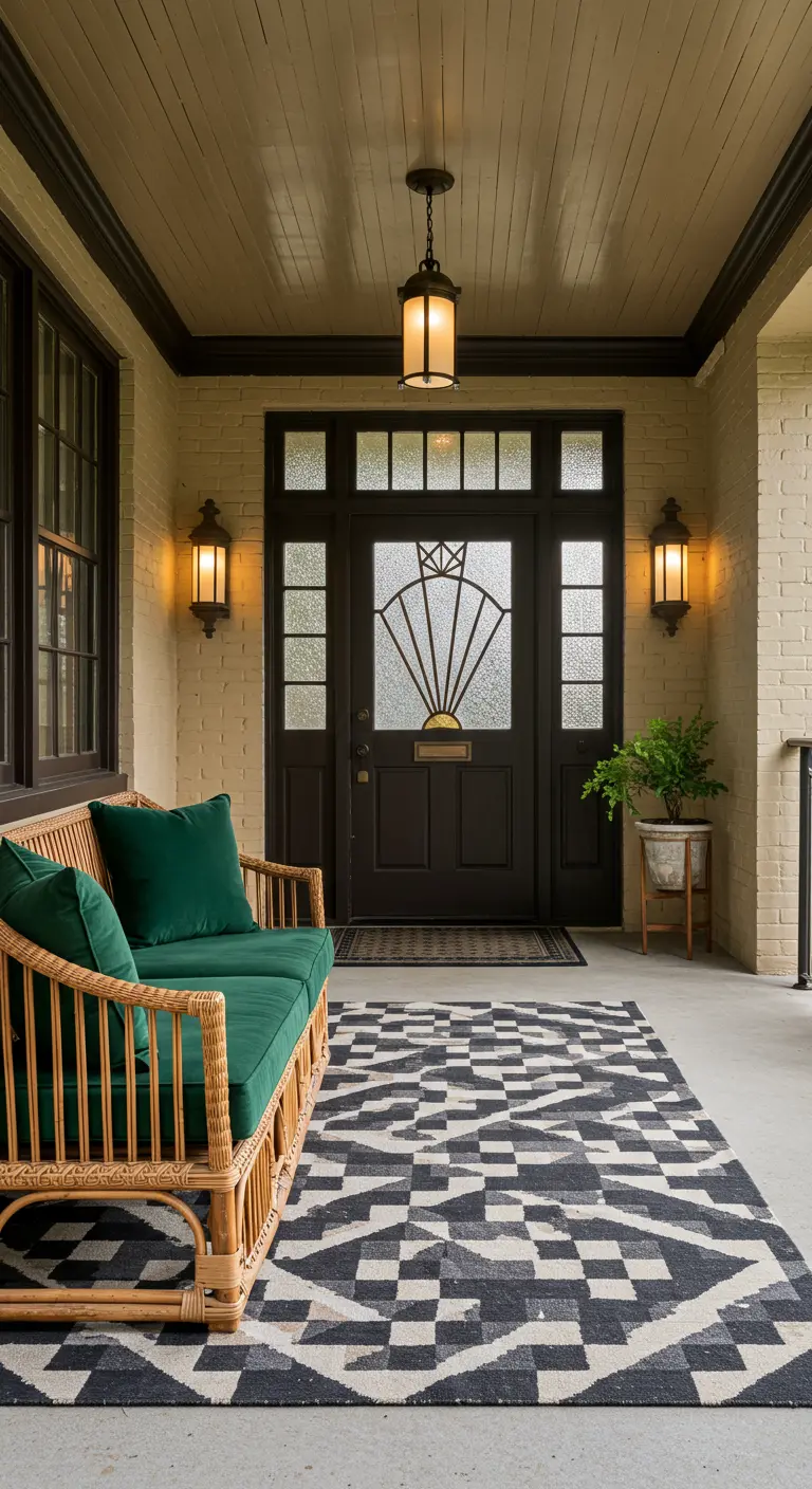 Porche con puerta Art Déco, sofá de caña con cojines de terciopelo verde y alfombra geométrica.