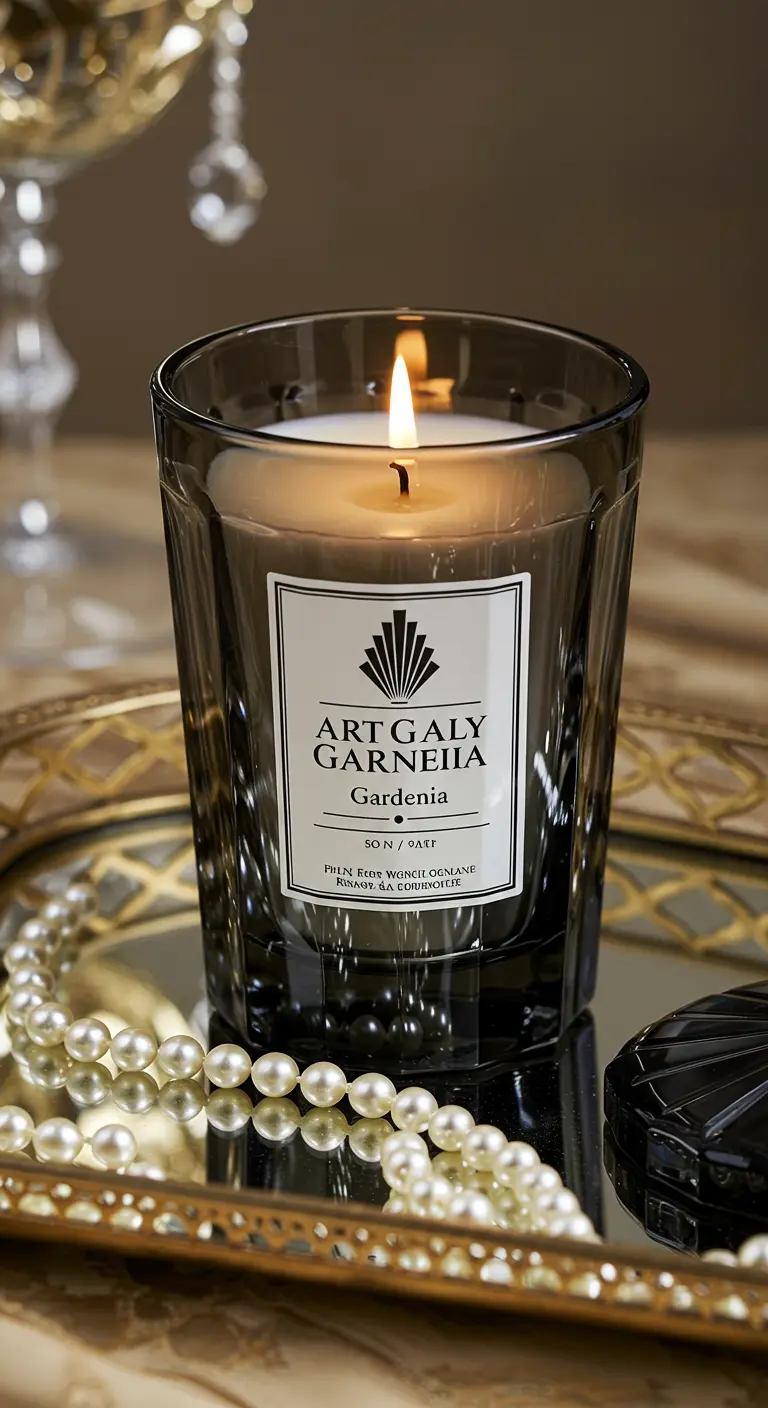 Vela en vaso de cristal oscuro con una etiqueta de estilo Art Déco y perlas