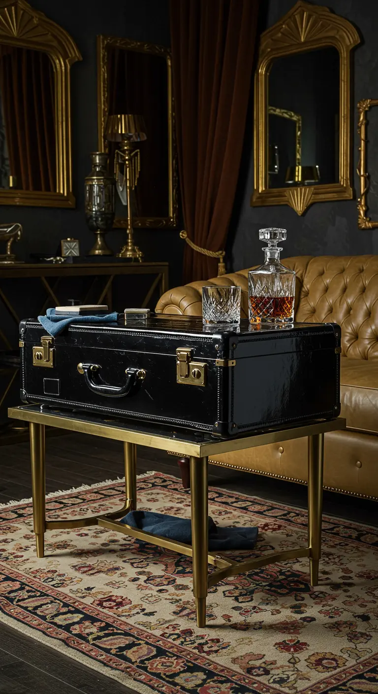 Maleta negra brillante sobre una base metálica dorada en una sala de estar elegante y oscura.