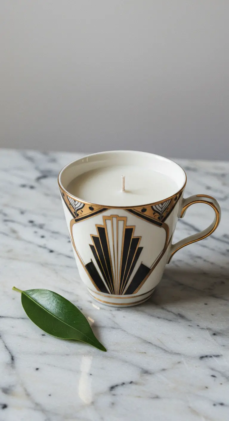 Vela en una taza de porcelana blanca con un diseño Art Déco en negro y dorado