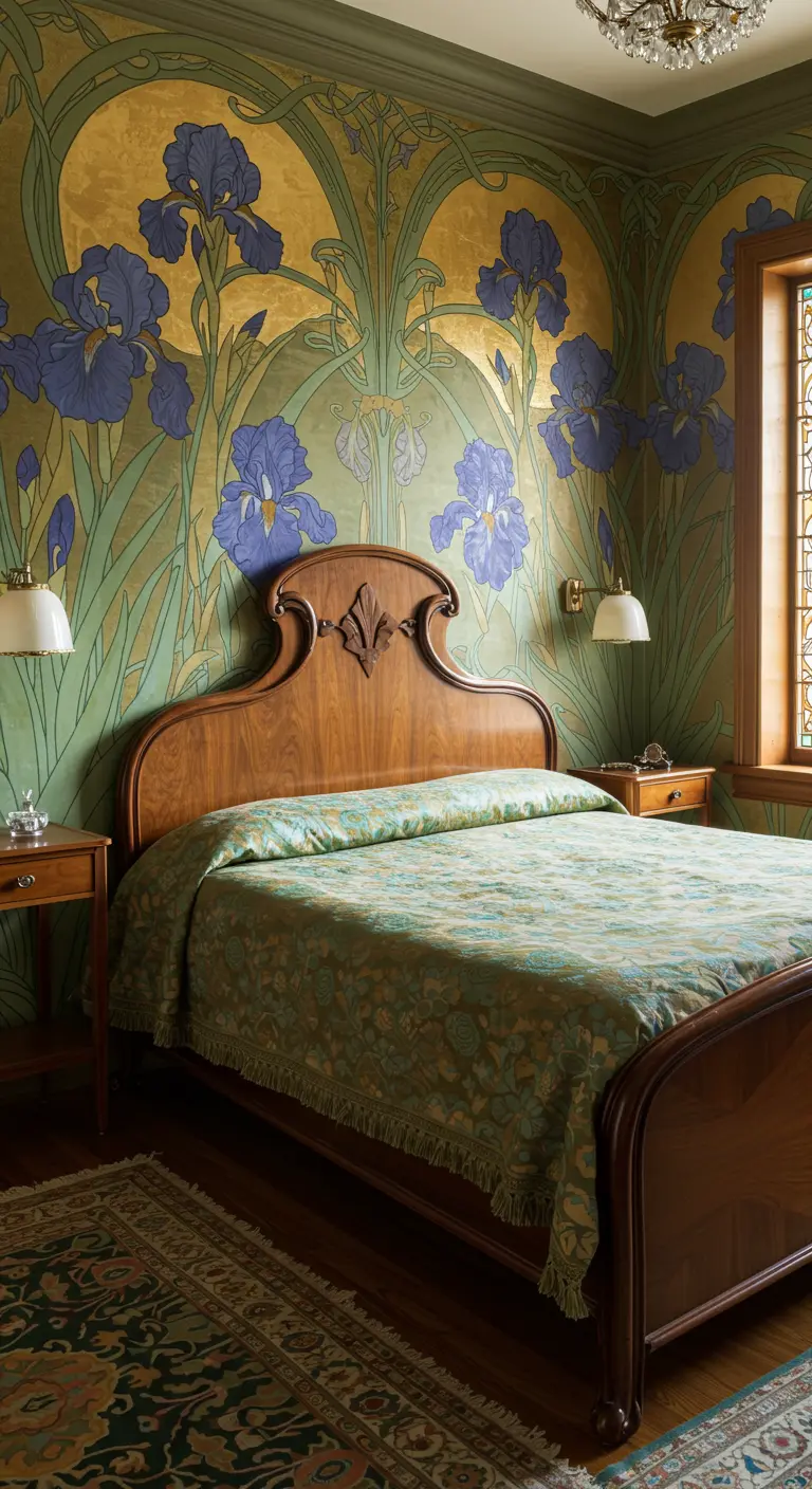 Mural de estilo Art Nouveau con lirios morados y detalles dorados en un dormitorio clásico.