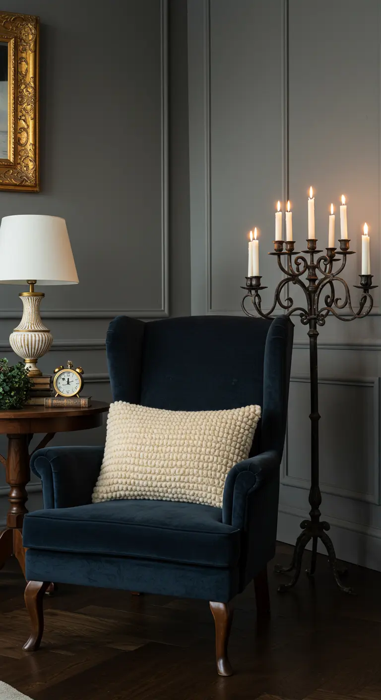 Sillón de terciopelo azul oscuro con cojín color crema junto a un gran candelabro.