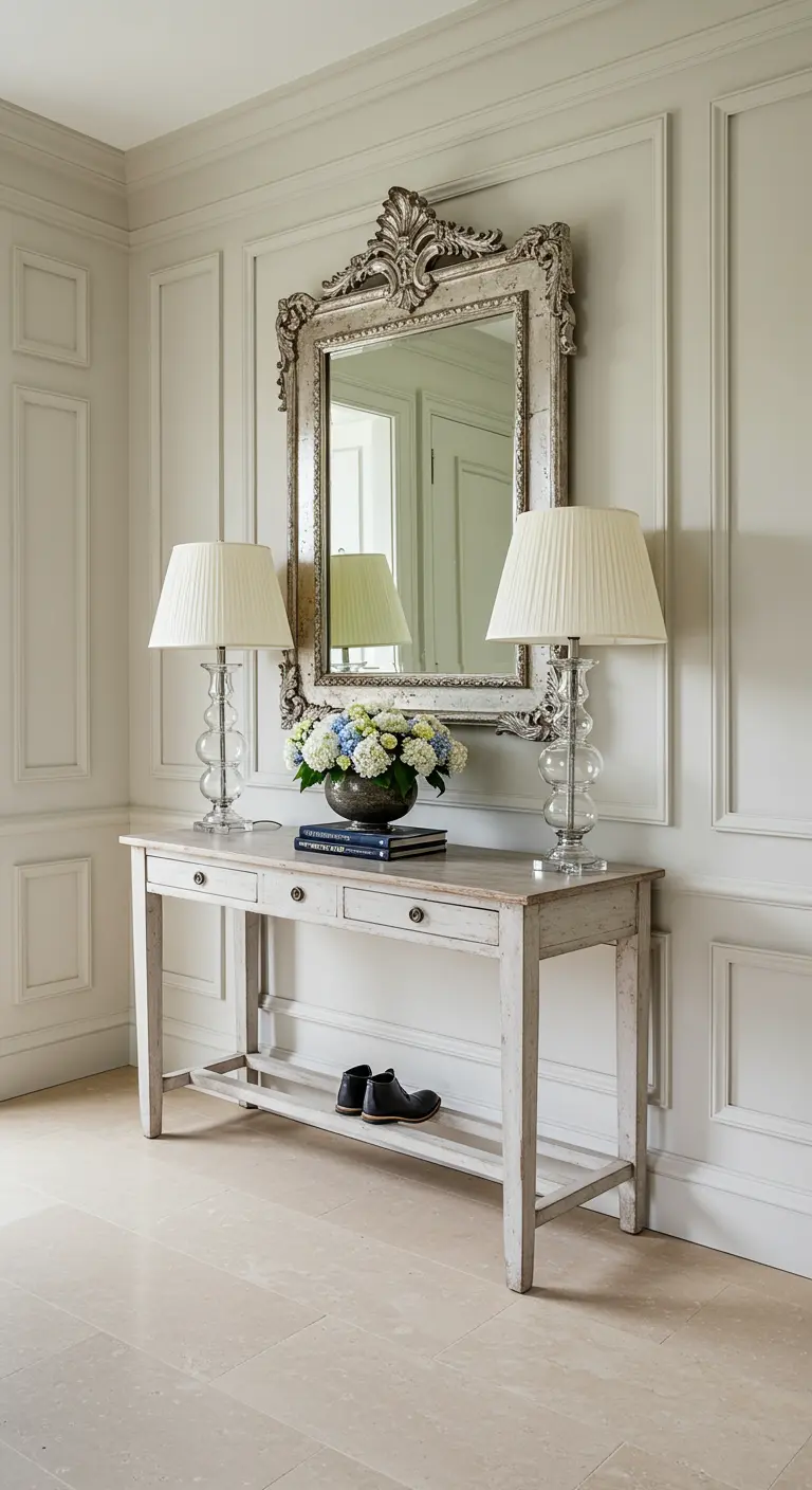 Consola de madera clara con un gran espejo ornamentado y lámparas de mesa con base de cristal