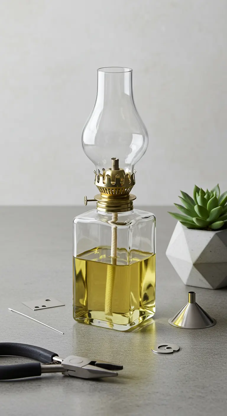 Kit de lámpara de aceite clásica con base de vidrio cuadrada y pantalla de huracán de cristal.