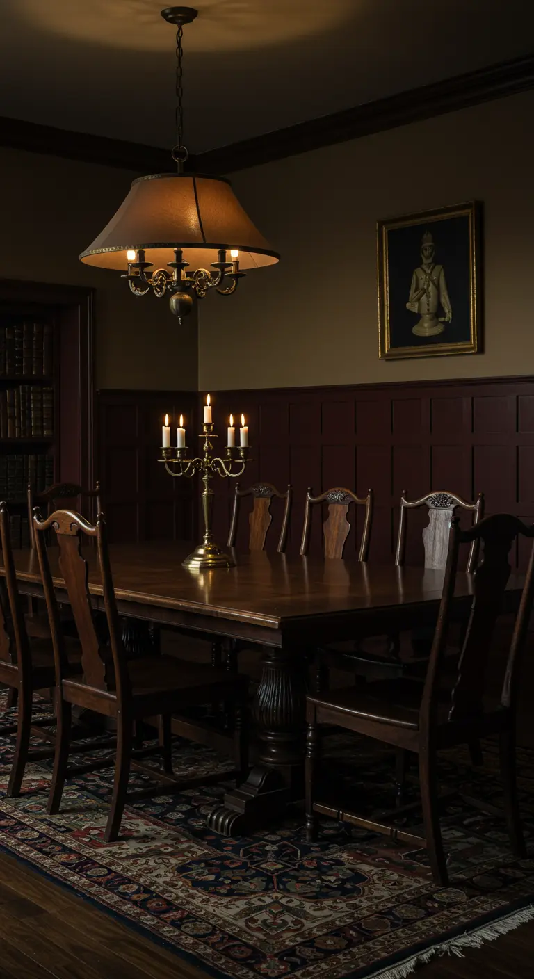 Comedor clásico y oscuro con paneles de madera pintados en color borgoña y mesa robusta.