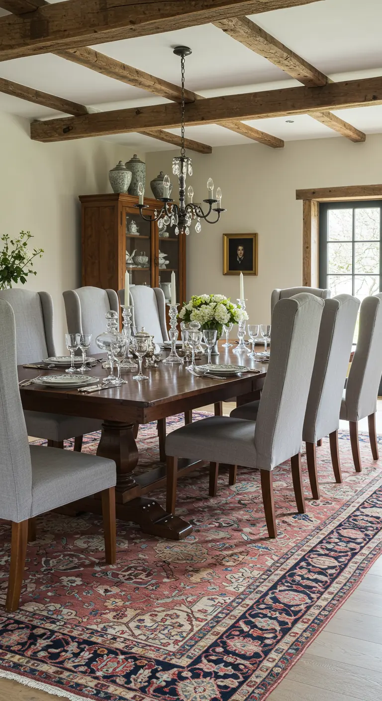 Comedor rústico-elegante con vigas de madera, sillas de lino gris y una gran alfombra persa de colores.