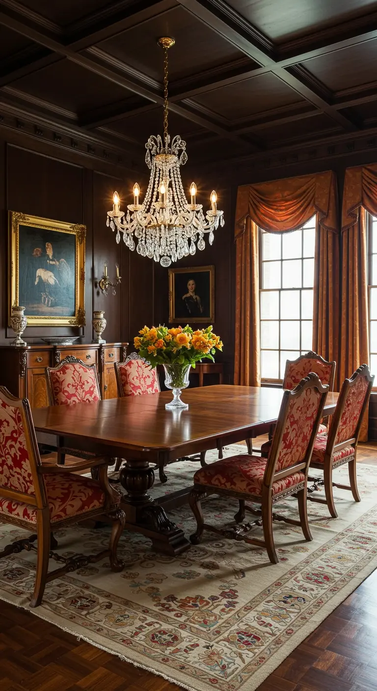 Comedor clásico y elegante con techo artesonado de madera oscura y lámpara de cristal