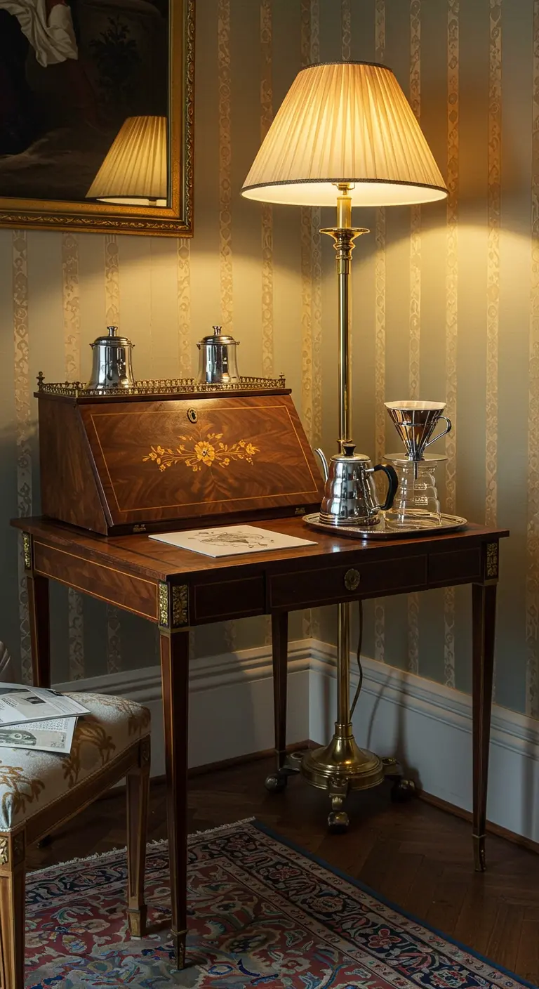 Escritorio Biedermeier de madera pulida con una caja de escritura con incrustaciones.