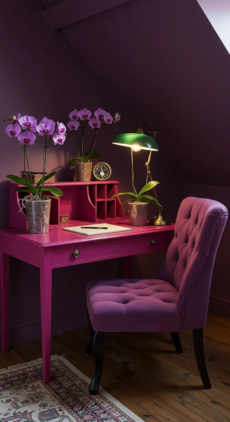 Rincón de estudio con escritorio magenta y silla de terciopelo morado en una habitación oscura.