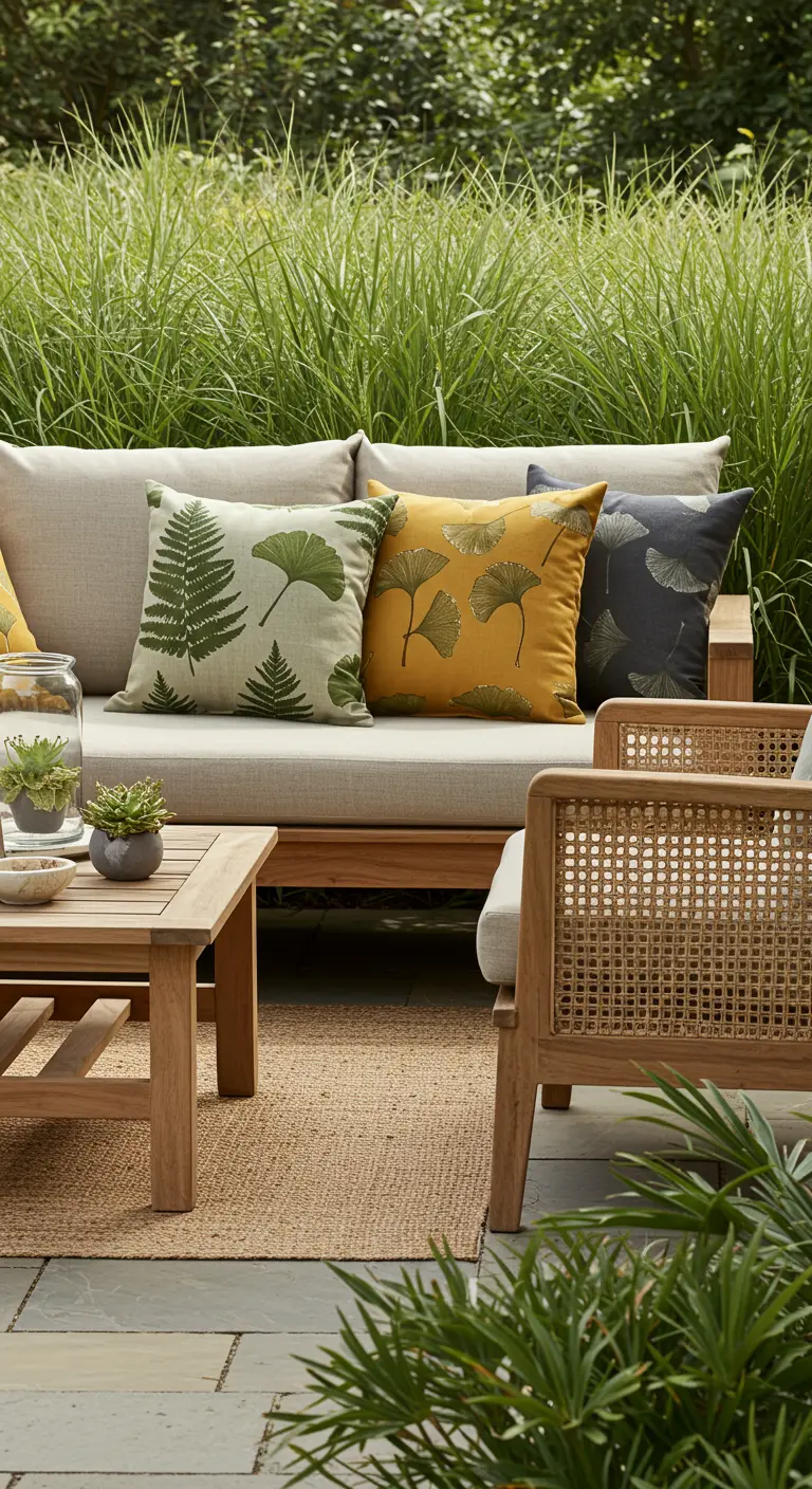 Sofá de exterior con cojines en tonos mostaza y verde seco con estampados de hojas de ginkgo.