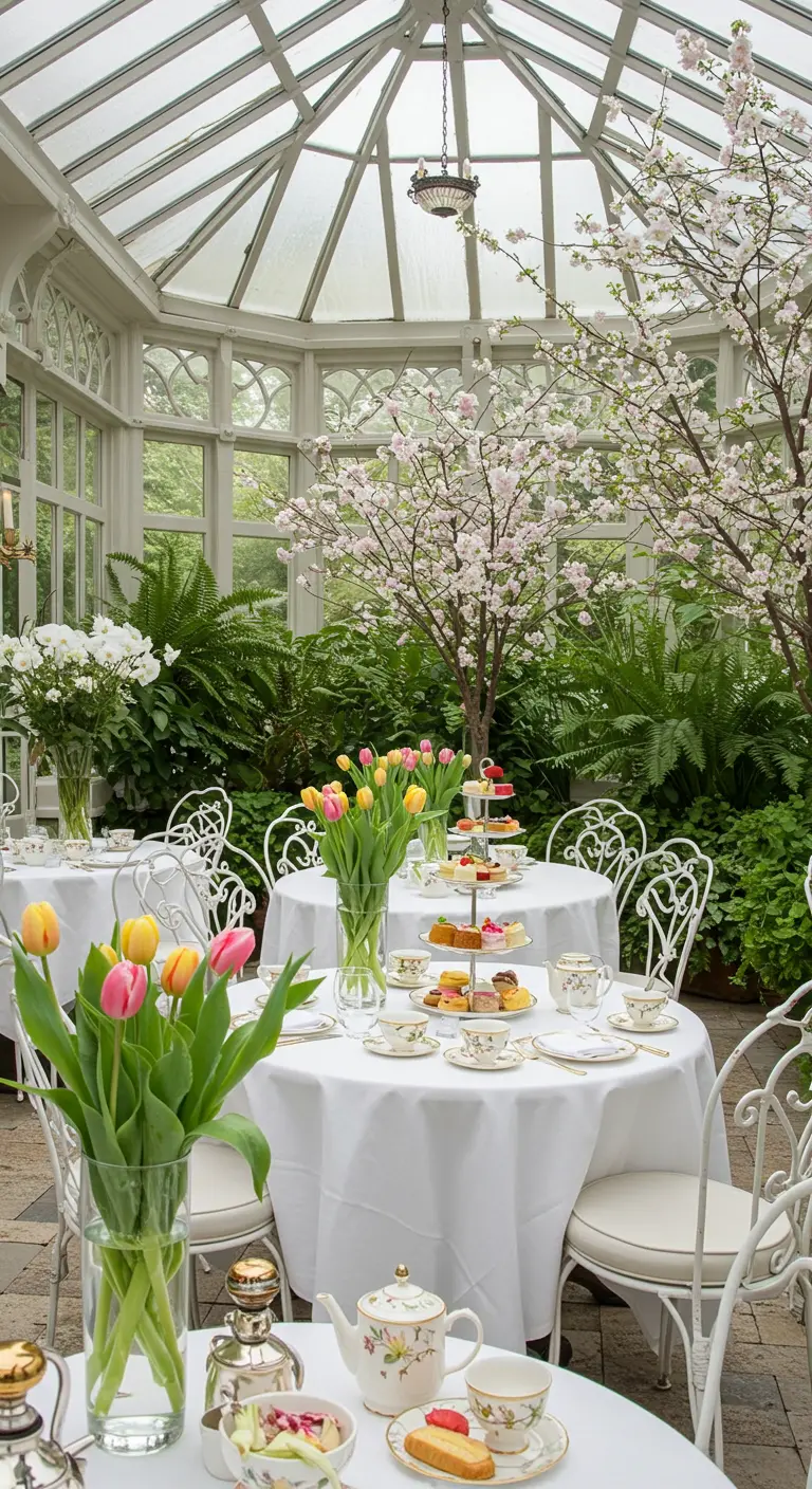 Mesas de té redondas con manteles blancos en un invernadero luminoso, rodeadas de plantas y flores.