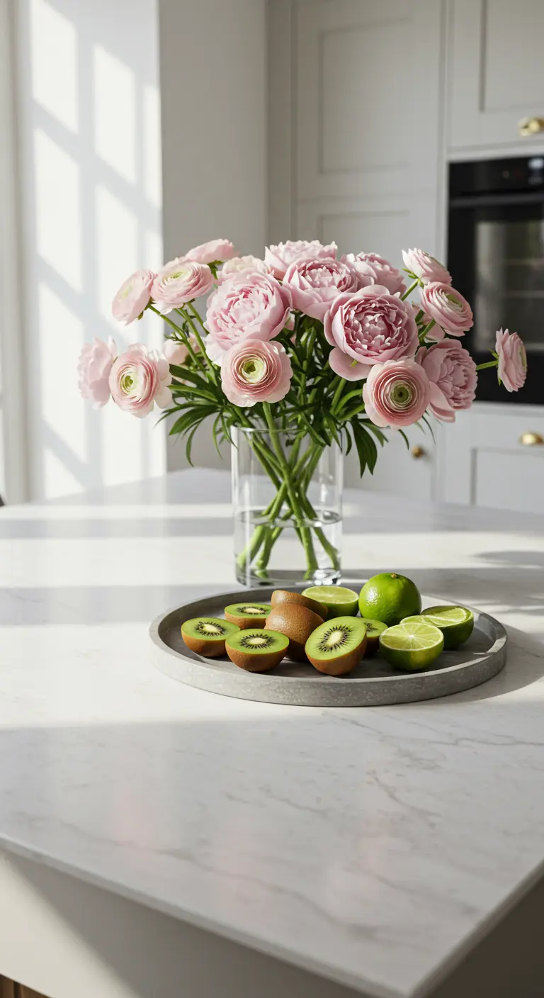 Jarrón con ranúnculos rosas y bandeja con kiwis en una encimera blanca.