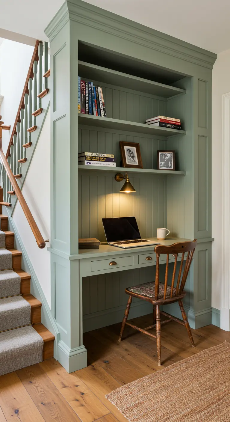 Escritorio empotrado y pintado de verde salvia bajo una escalera, con silla de madera vintage.