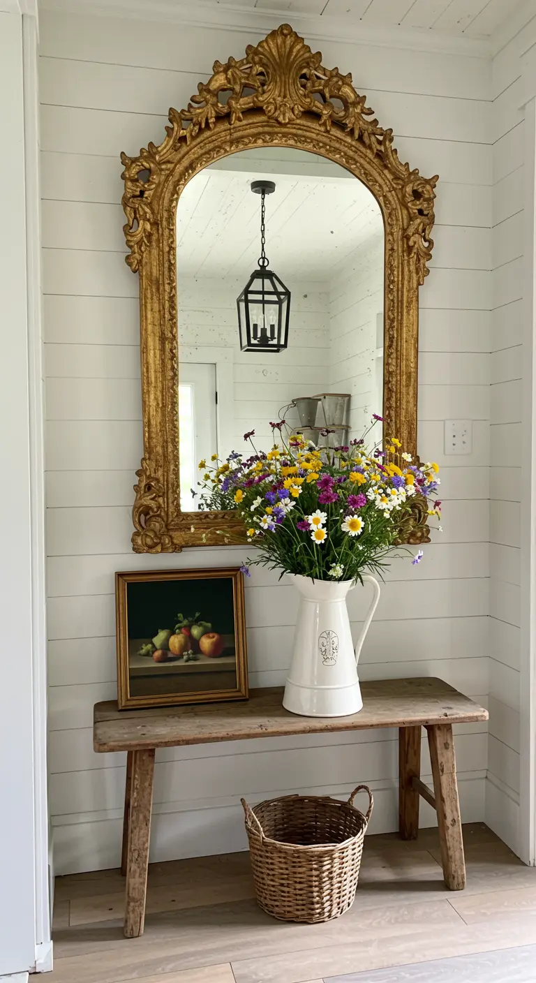 Rincón de entrada rústico con banco de madera, espejo dorado ornamentado y flores silvestres.