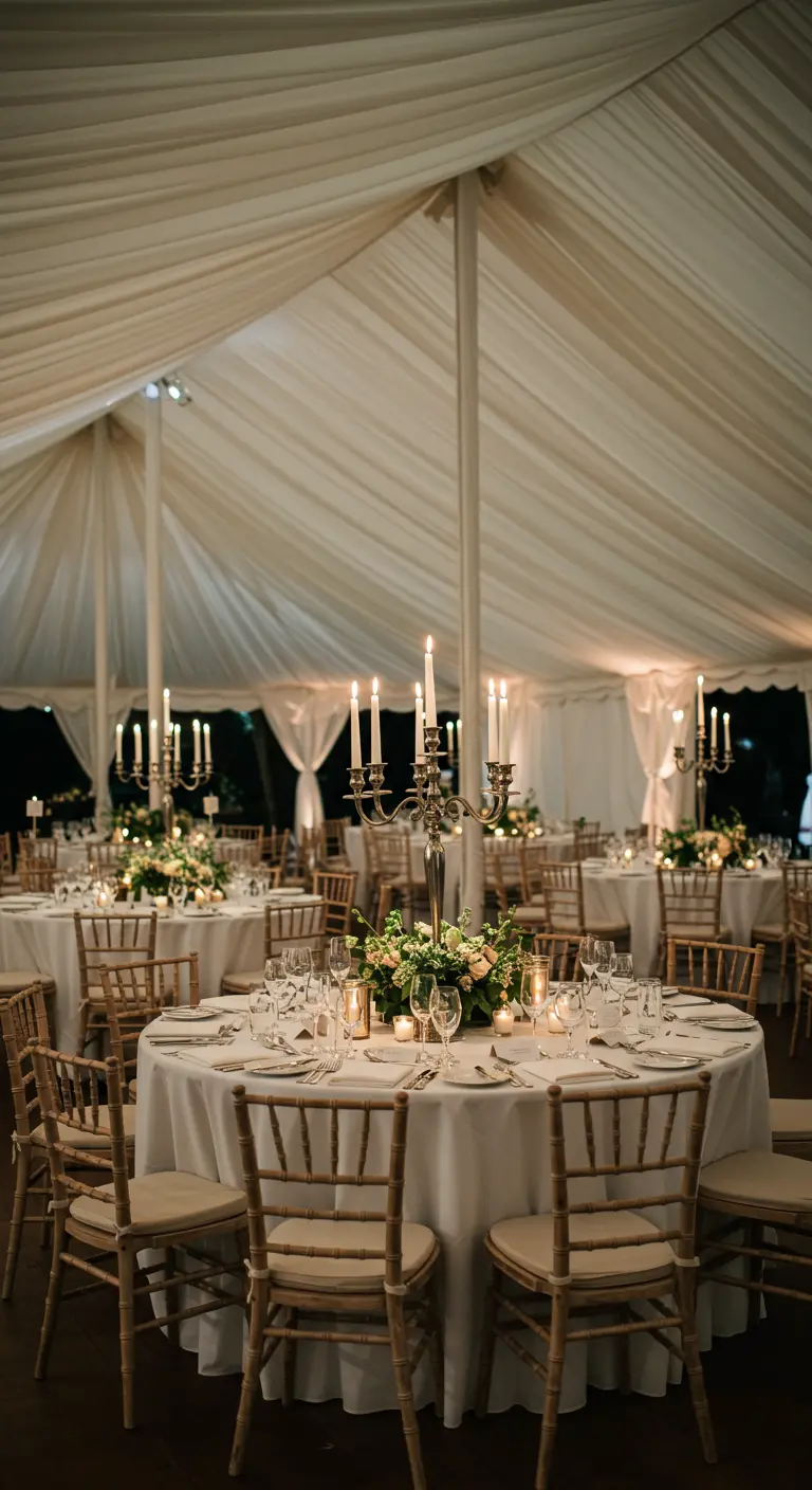 Recepción de boda en una carpa con mesas redondas y altos candelabros plateados como centros.