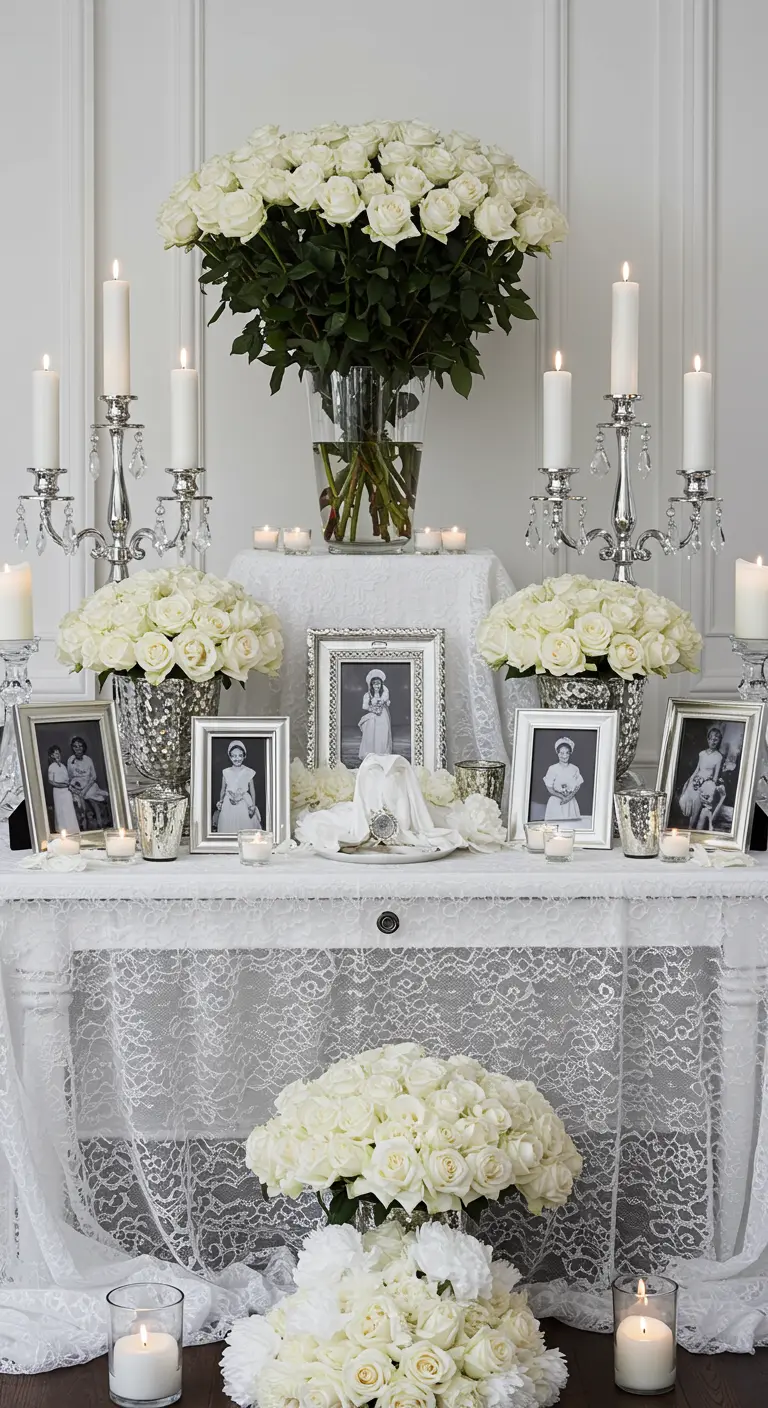 Altar blanco y plateado con mantel de encaje, rosas blancas, candelabros y fotos en marcos de plata.