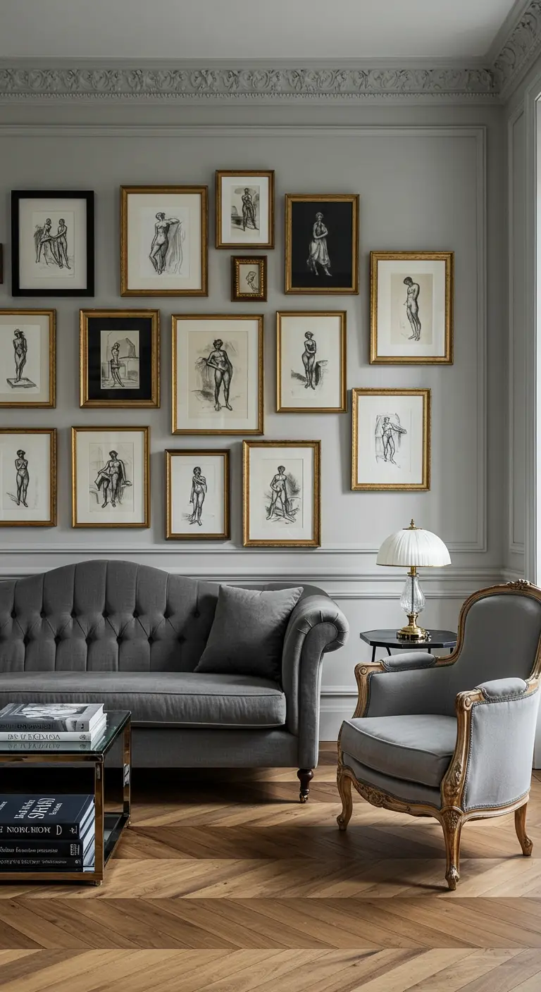 Pared de galería con una colección de bocetos de figuras humanas enmarcados en dorado sobre una pared gris.