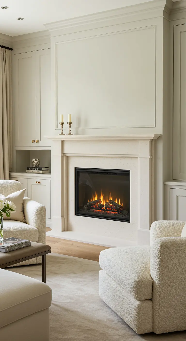 Sala de estar neoclásica con chimenea de piedra blanca y un inserto eléctrico.