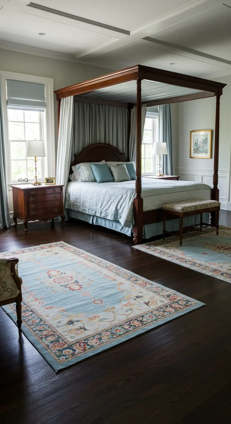Dormitorio clásico con cama con dosel y dos alfombras gemelas en tonos azules a cada lado.