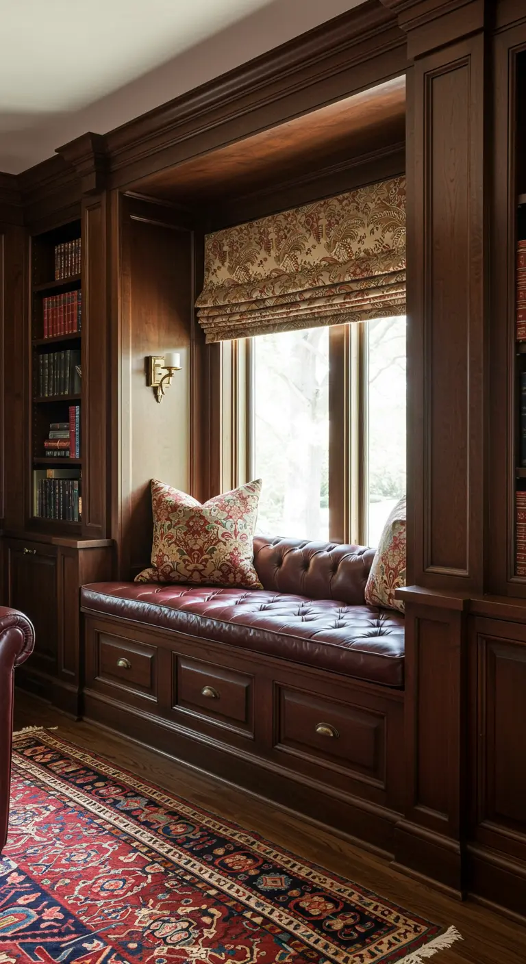 Lujoso banco de ventana de madera oscura con asiento de cuero marrón y estanterías integradas.