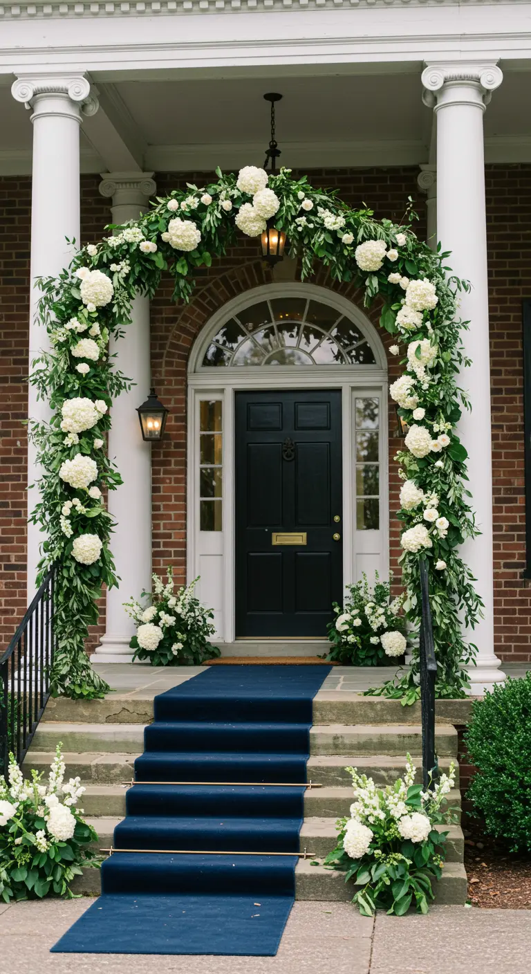 Entrada de casa clásica con columnas, un arco floral de hortensias blancas y una alfombra azul en las escaleras.