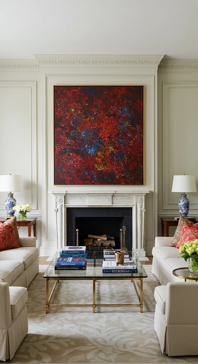 Salón clásico con chimenea de mármol y un gran cuadro abstracto y colorido sobre ella.