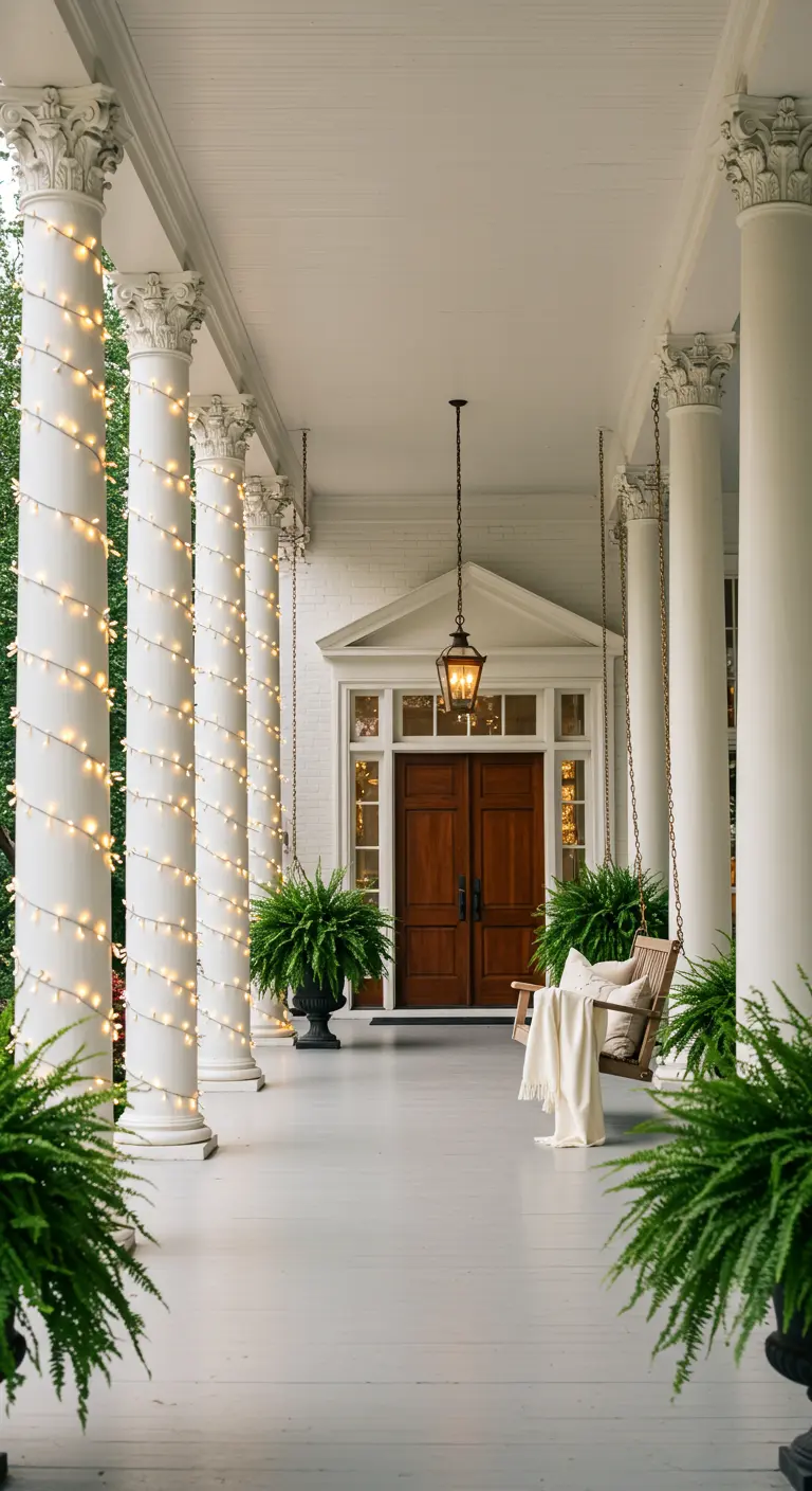 Porche señorial con columnas blancas envueltas en luces cálidas, un columpio y grandes helechos.