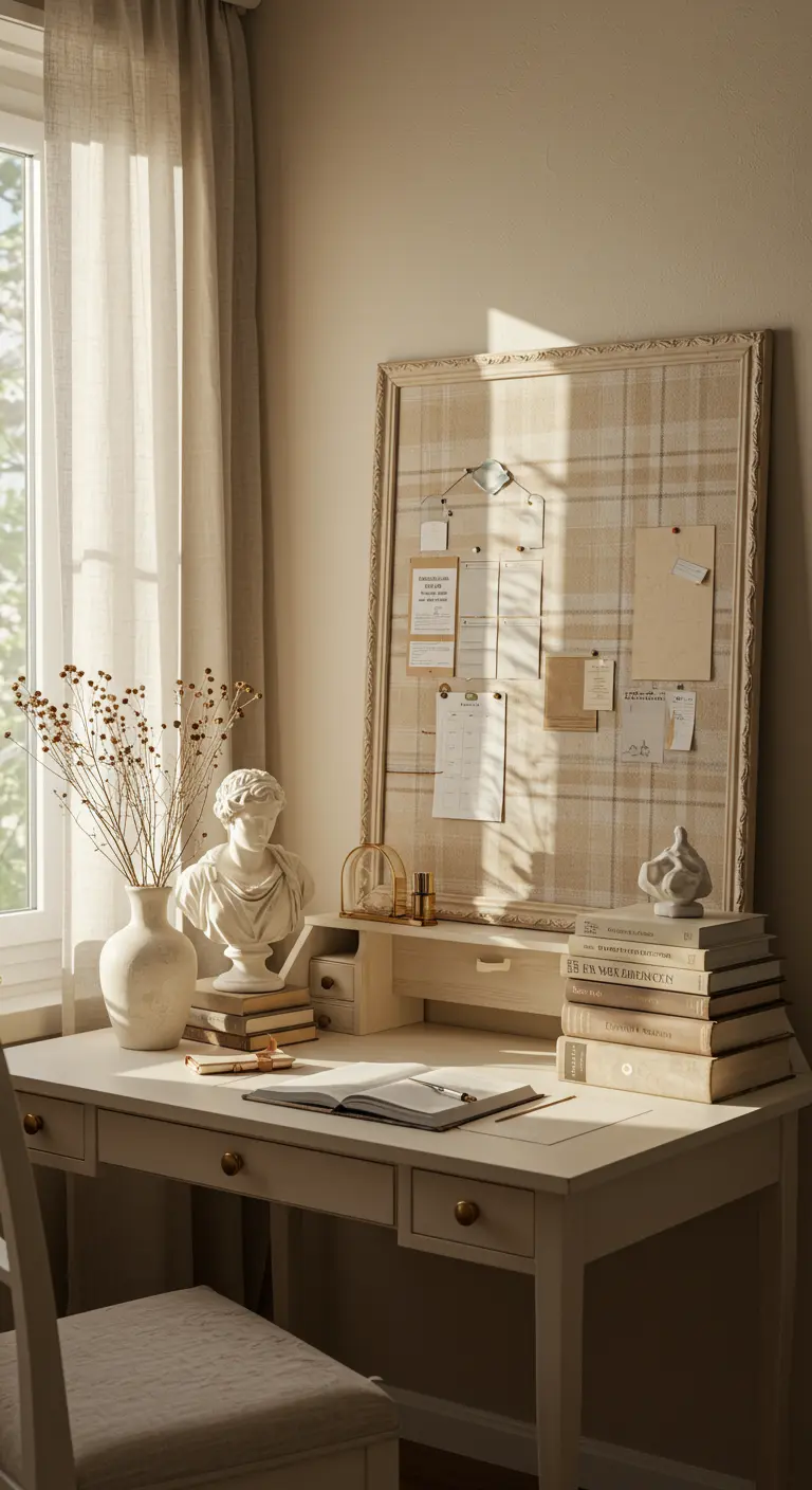 Tablón de anuncios forrado en tela de cuadros con marco clásico sobre un escritorio elegante.