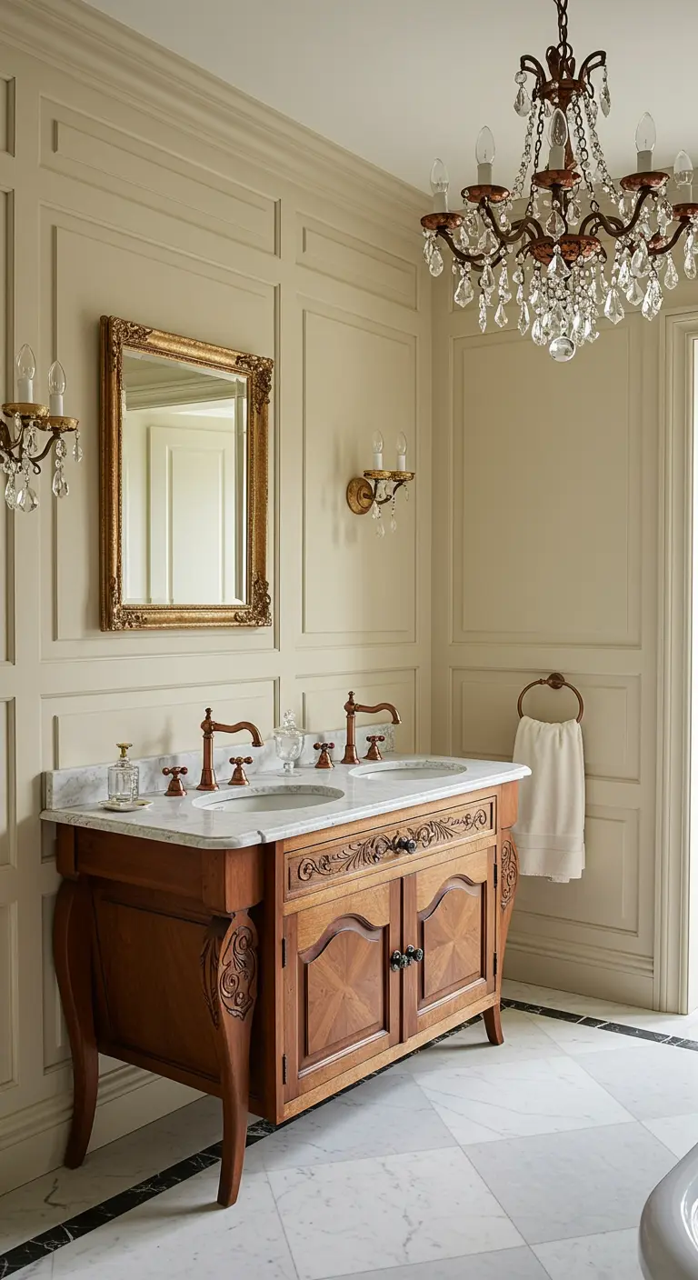 Baño clásico con boiserie, mueble antiguo y grifería de cobre.