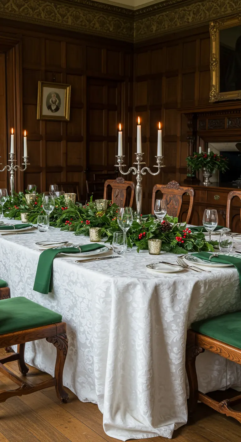 Mesa de comedor tradicional con mantel de damasco blanco, candelabros de plata y acebo.