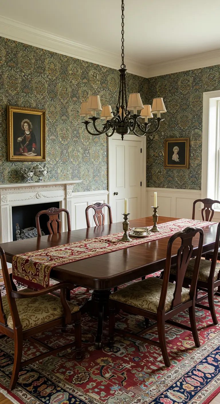 Comedor tradicional con papel tapiz estampado, mesa de caoba y candelabro clásico.