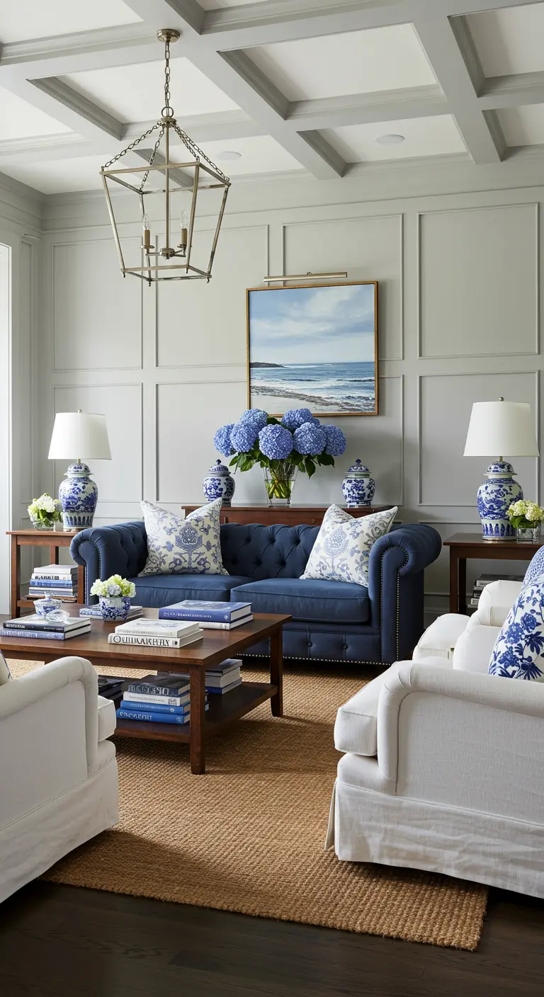 Salón clásico con sofá chesterfield azul, paredes grises con molduras y hortensias azules.