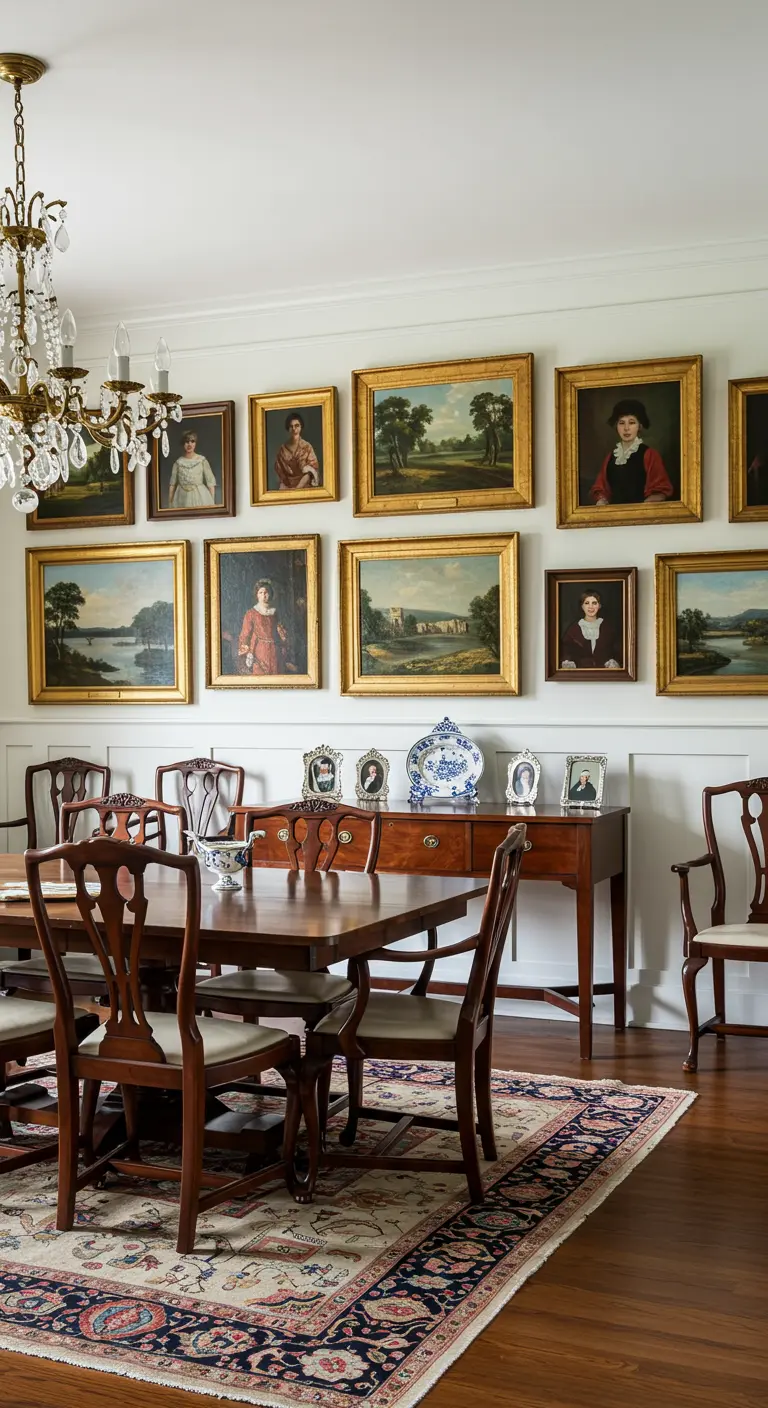 Pared de galería tradicional con retratos y paisajes clásicos en marcos dorados, en dos hileras