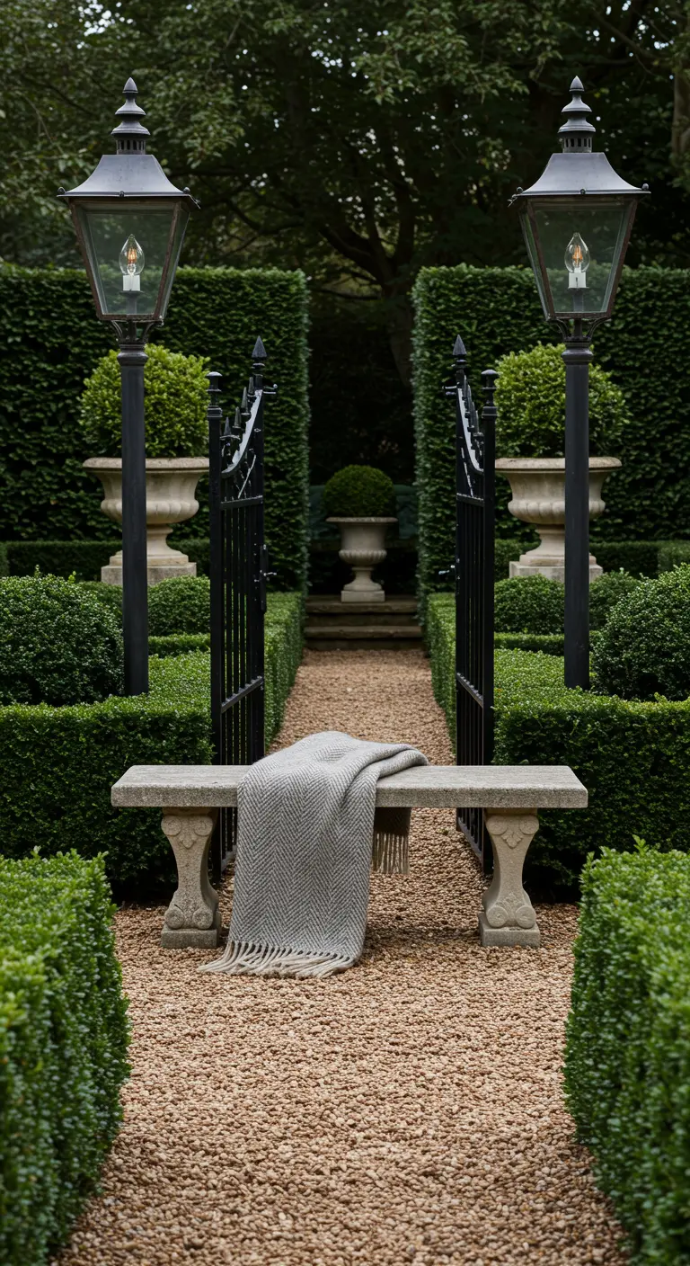 Jardín formal con setos recortados, un banco de piedra con una manta gris y dos farolas altas y negras.