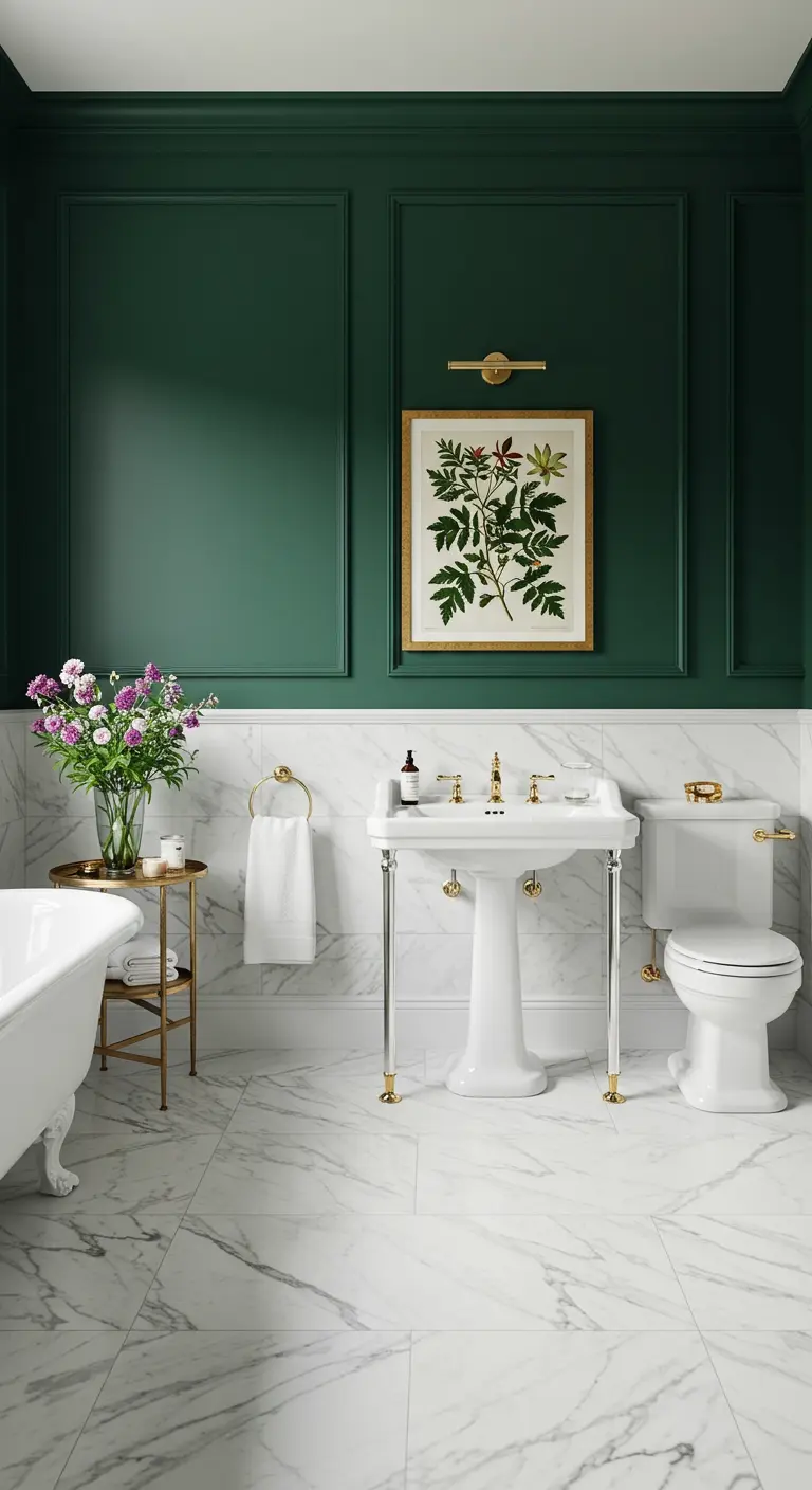 Baño clásico con paredes paneladas en verde oscuro y suelo de mármol.