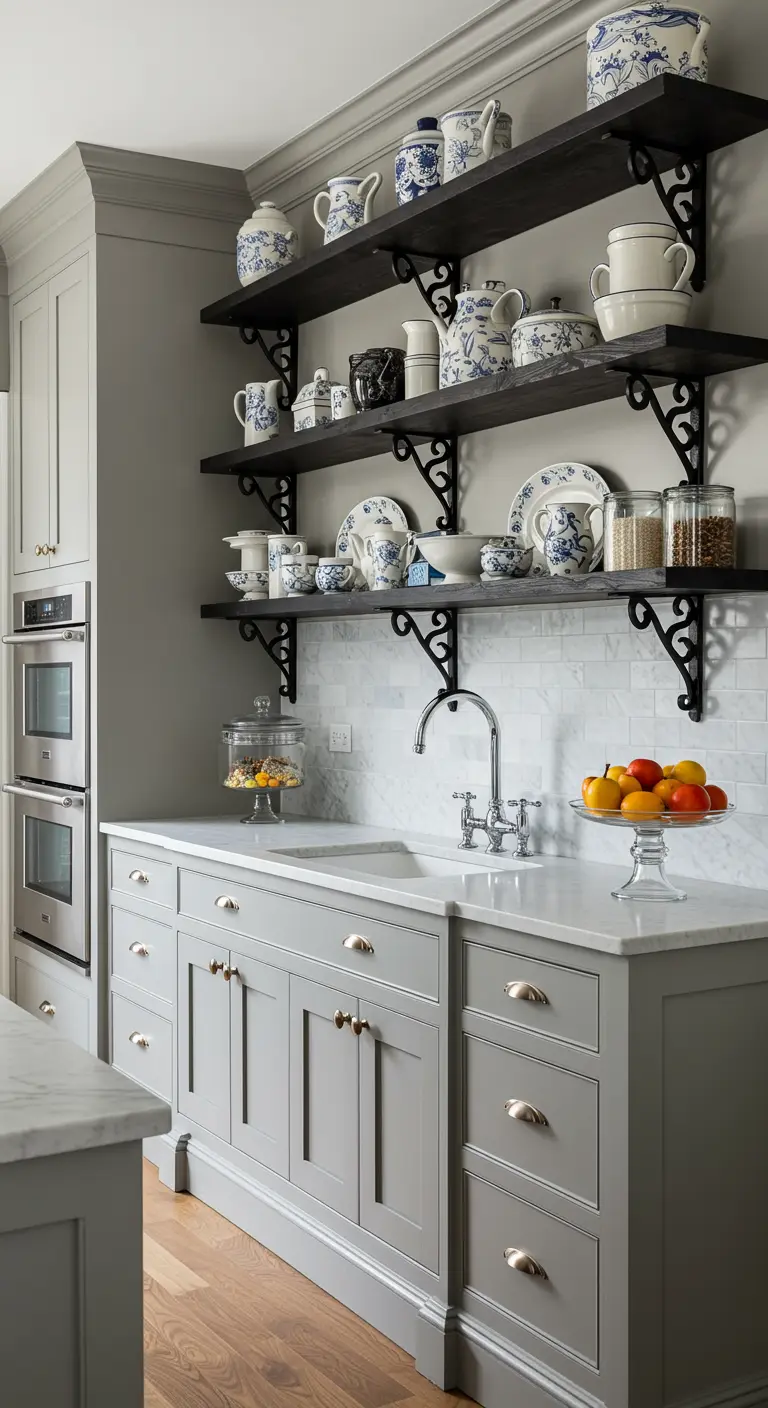 Estanterías negras con soportes ornamentales y vajilla clásica de porcelana azul y blanca.
