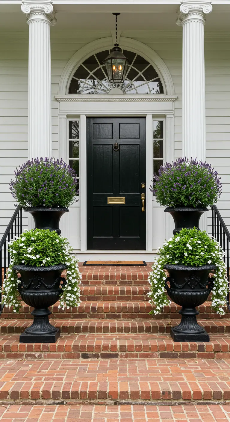 Entrada clásica con dos grandes urnas negras llenas de lavanda y flores blancas.
