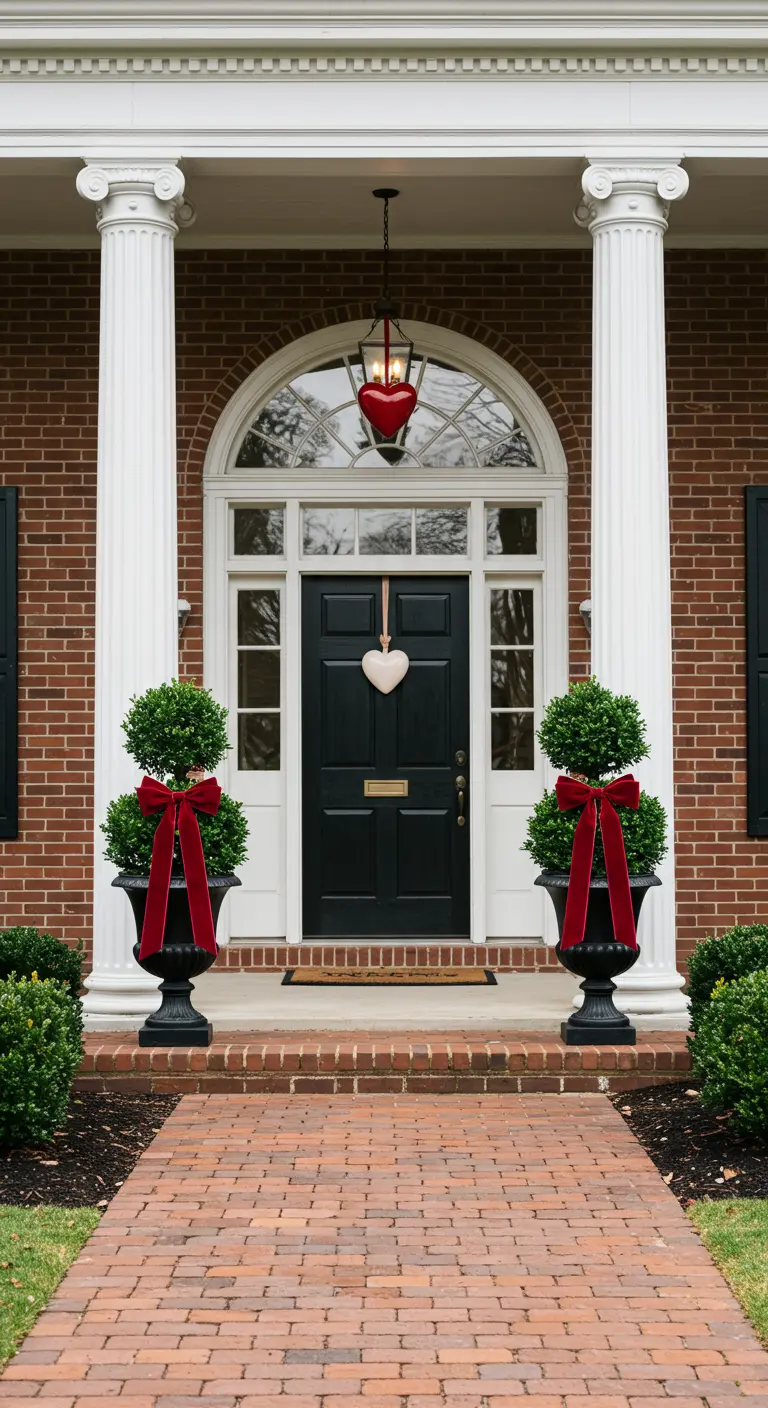 Entrada clásica con columnas, topiarios con grandes lazos rojos y un corazón blanco en la puerta.