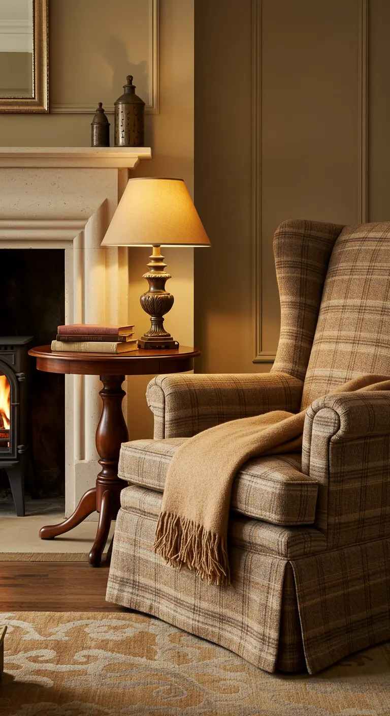 Sillón de tartán junto a una chimenea con una manta de lana y una lámpara de mesa clásica.