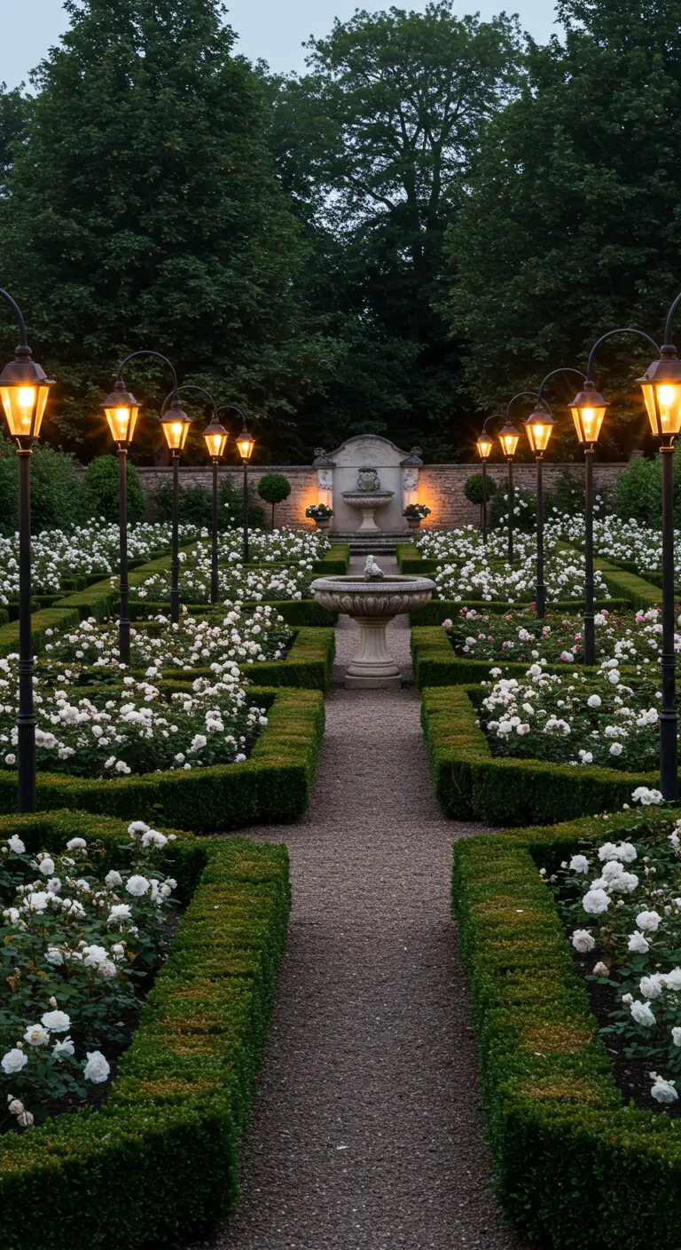 Jardín formal con setos de boj, caminos de grava, rosales blancos y farolas clásicas.